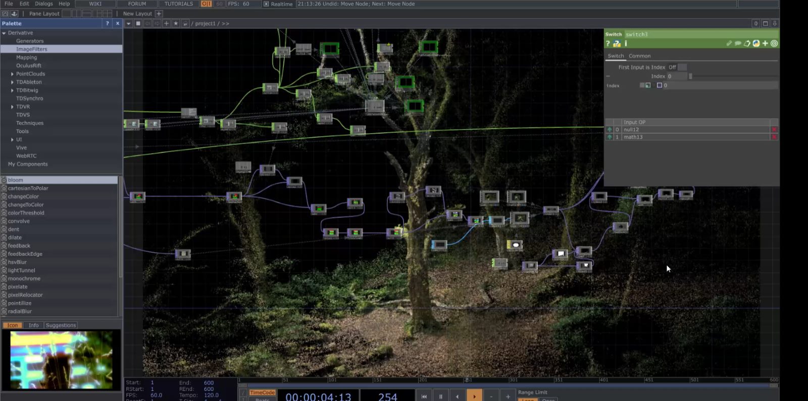 TouchDesigner session from the CREW residency — a woodland point cloud inside a node network